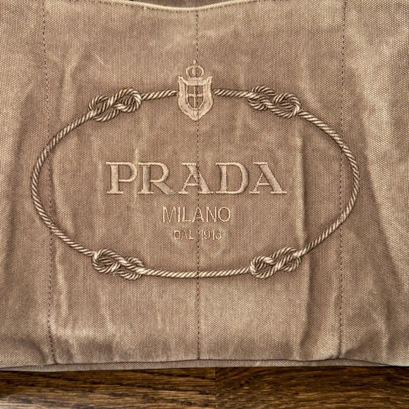 Authentic Prada Canapa Hand Bag tote Lg Dark Beige/brownish  tan color Canvas - Picture 12 of 17